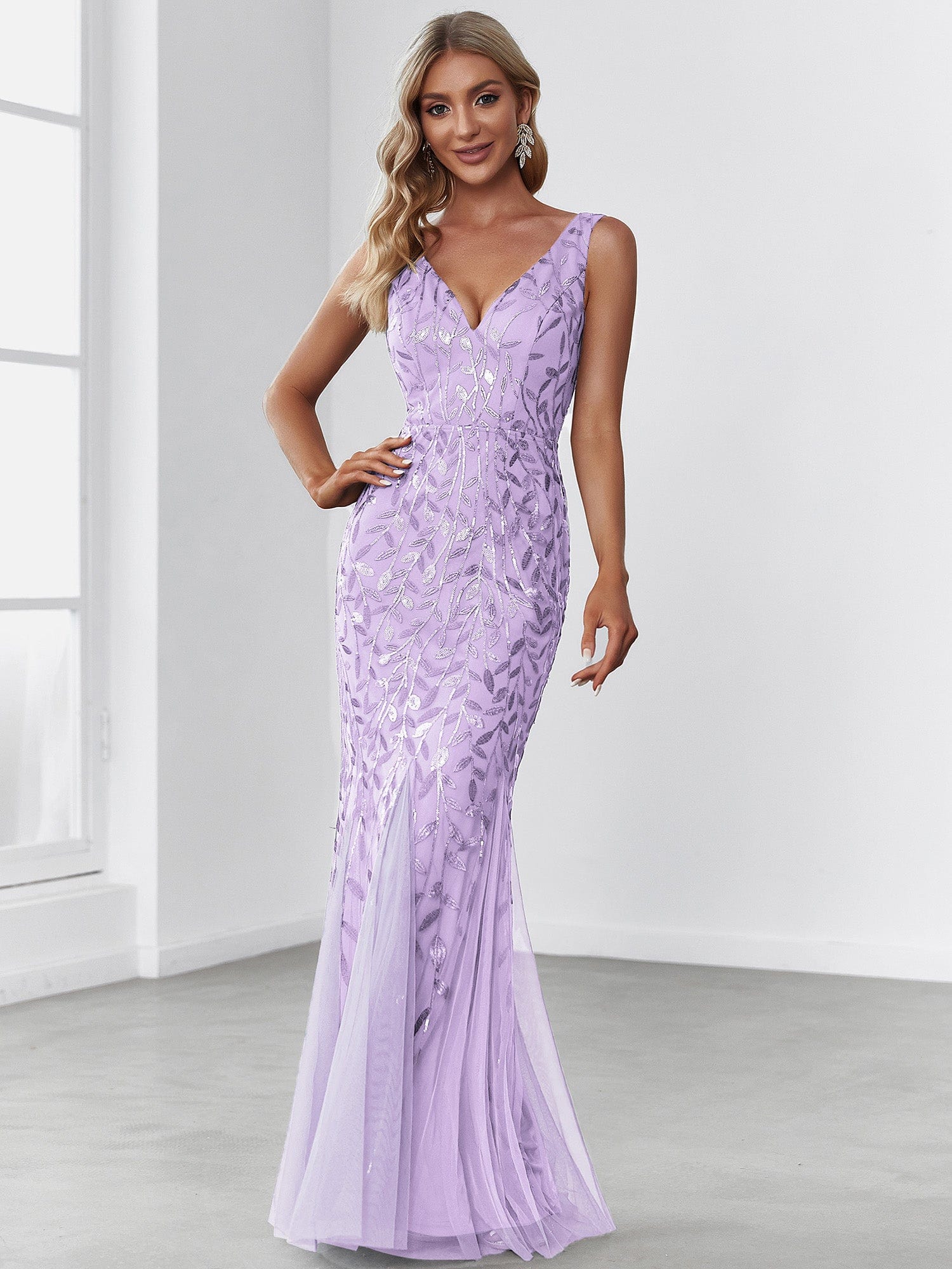 Custom Size Double V-Neck Fishtail Sequin Formal Maxi Evening Dress