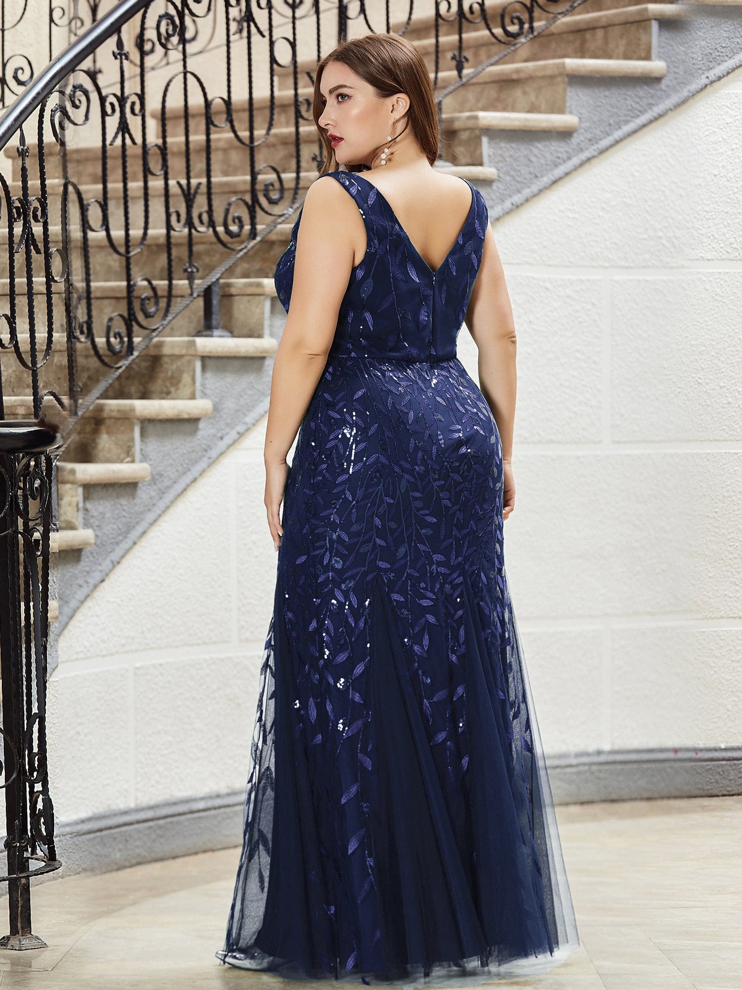 Custom Size Double V-Neck Fishtail Sequin Formal Maxi Evening Dress #color_Navy Blue