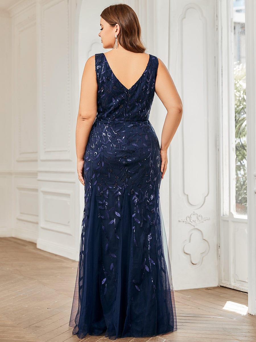 Plus Size Double V-Neck Fishtail Sequin Formal Maxi Evening Dress #color_Navy Blue