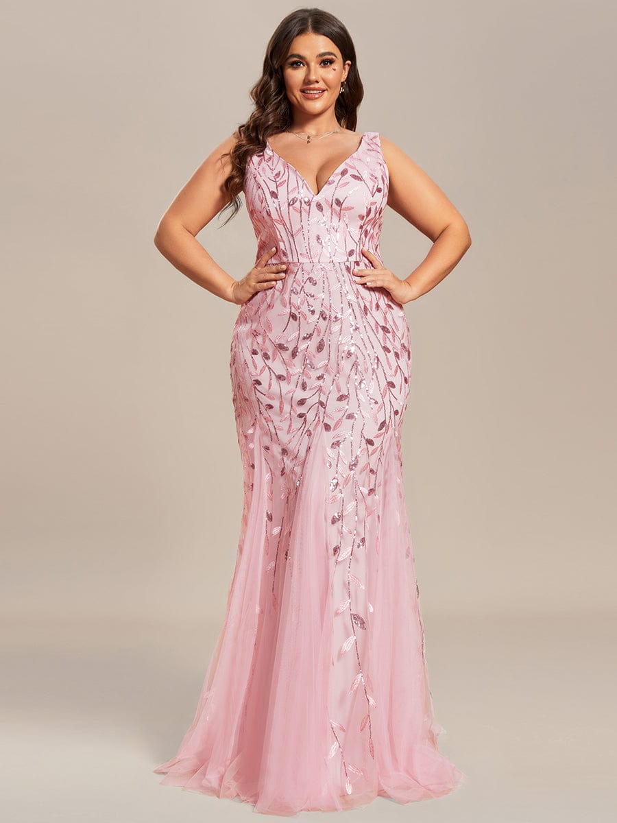 Plus Size Double V-Neck Fishtail Sequin Formal Maxi Evening Dress #color_Pink
