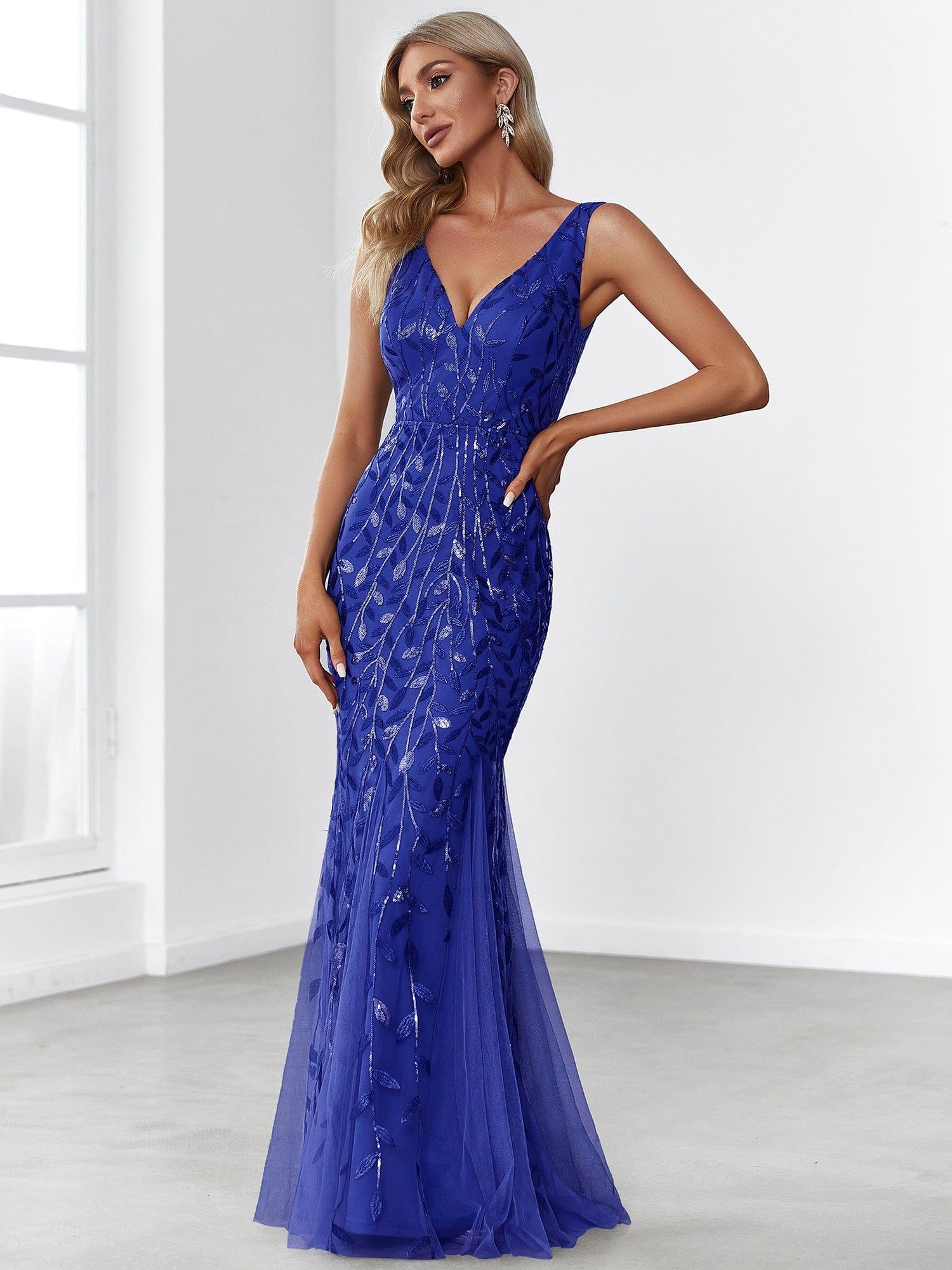 Custom Size Double V-Neck Fishtail Sequin Formal Maxi Evening Dress #color_Sapphire Blue