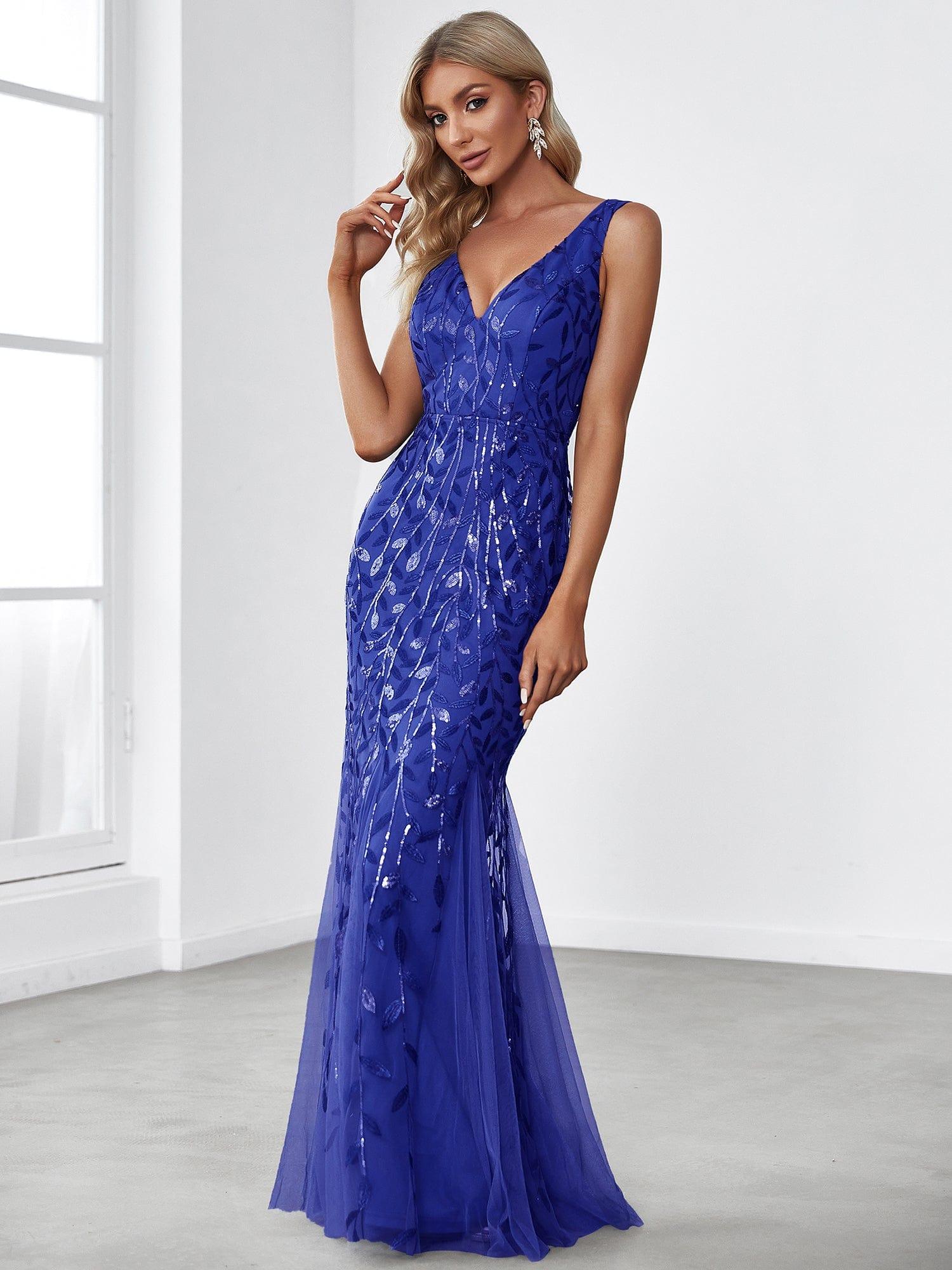 Custom Size Double V-Neck Fishtail Sequin Formal Maxi Evening Dress #color_Sapphire Blue