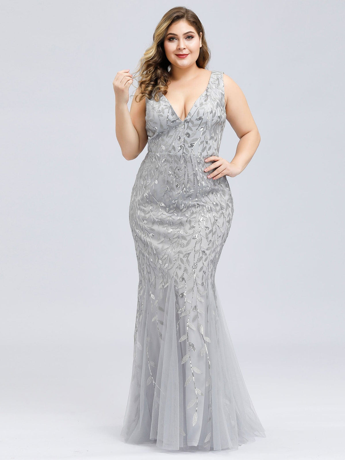 Custom Size Double V-Neck Fishtail Sequin Formal Maxi Evening Dress #color_Silver
