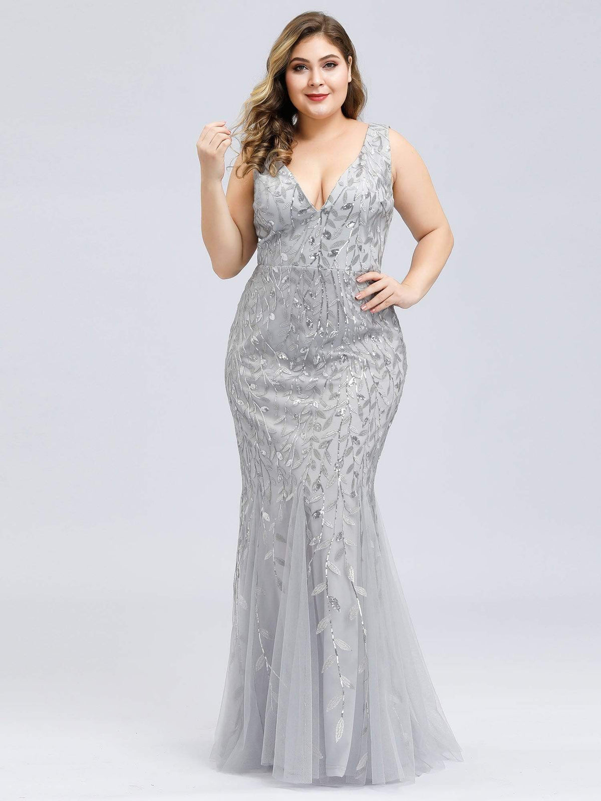 Plus Size Maxi Sequin Formal Dresses & Gowns #Color_Silver