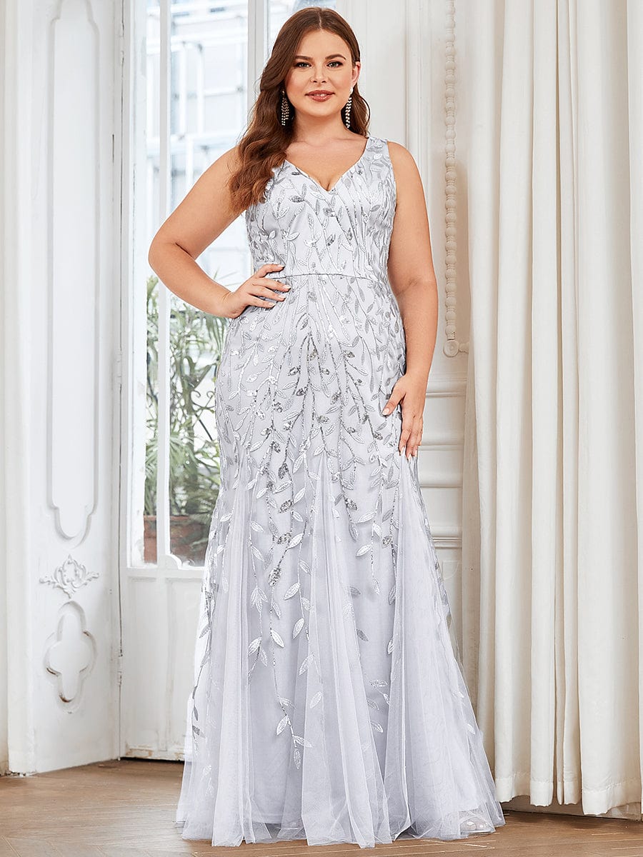 Plus Size Double V-Neck Fishtail Sequin Formal Maxi Evening Dress #color_Silver 