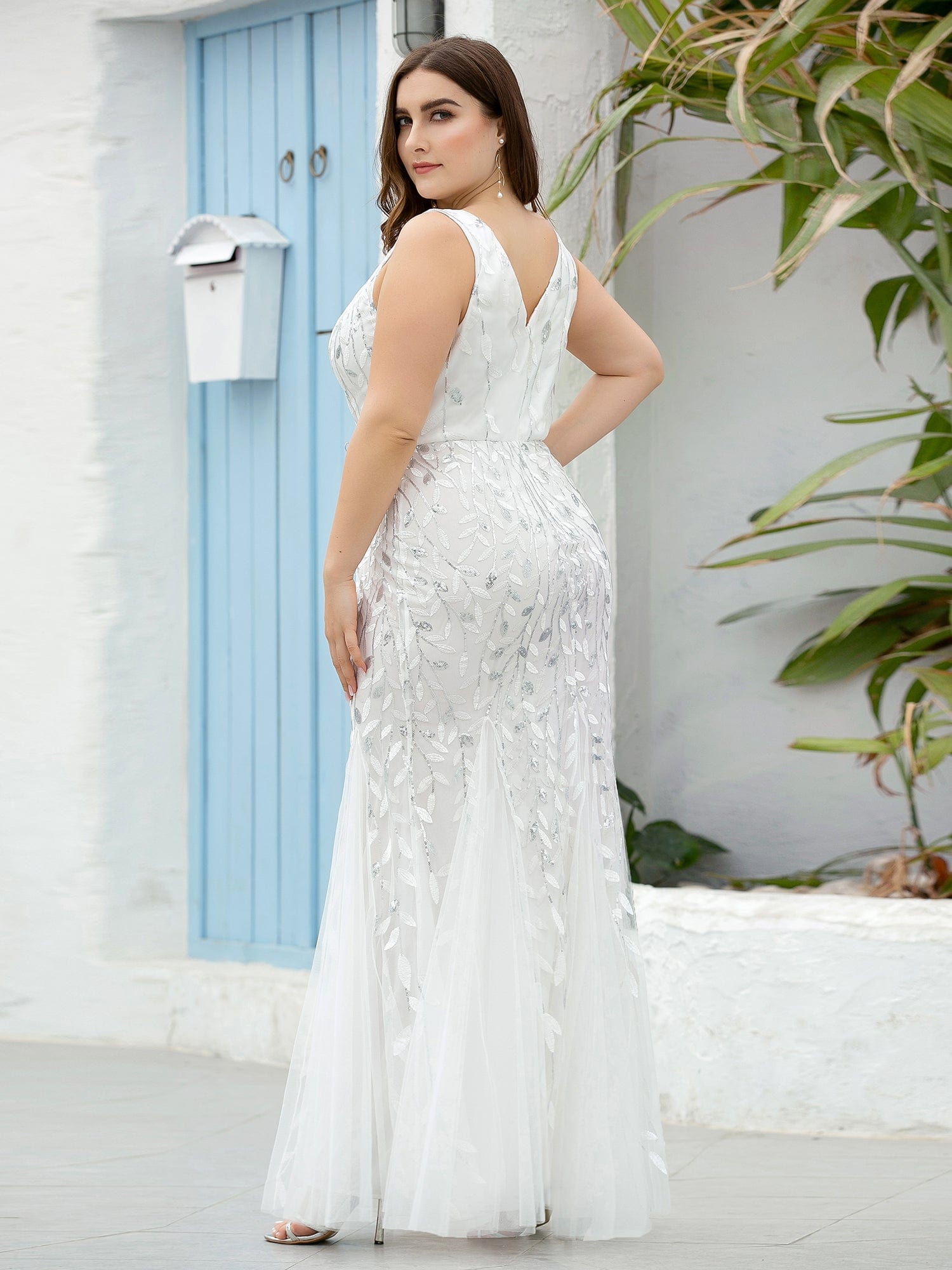 Custom Size Double V-Neck Fishtail Sequin Formal Maxi Evening Dress #color_White