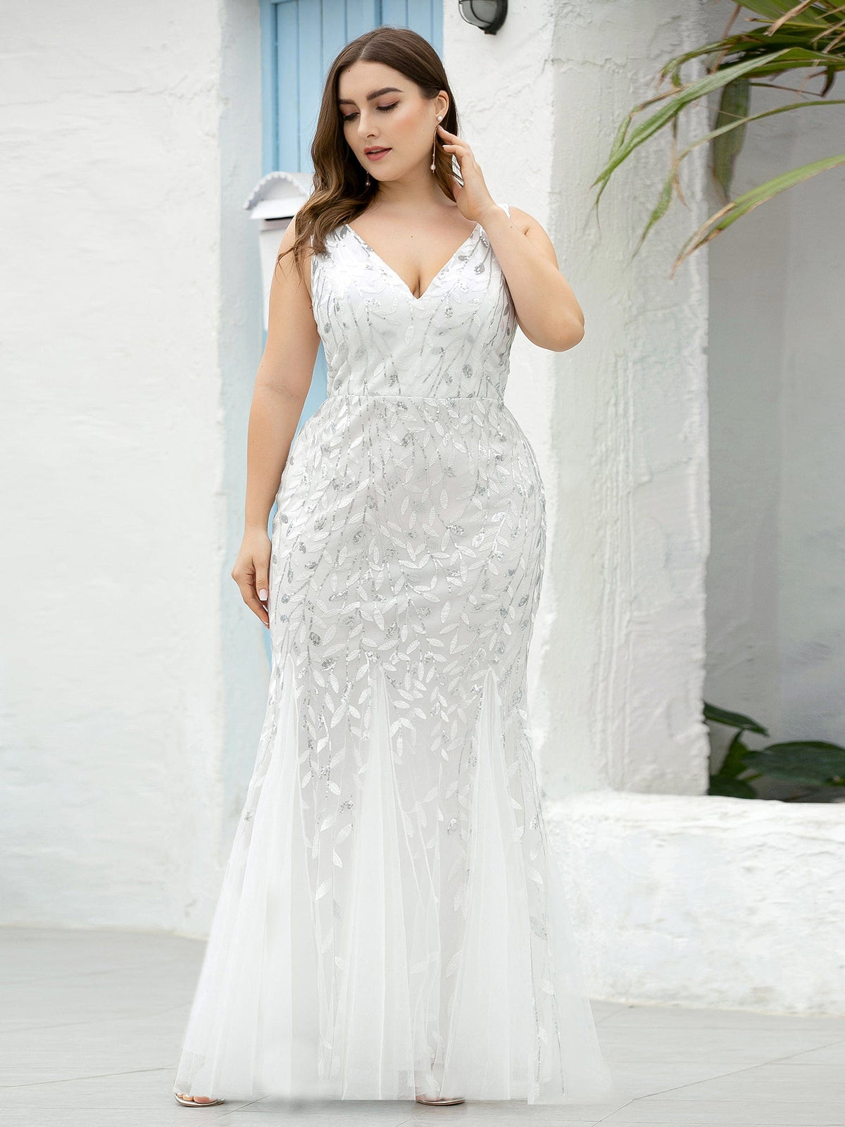 Custom Size Double V-Neck Fishtail Sequin Formal Maxi Evening Dress #color_White