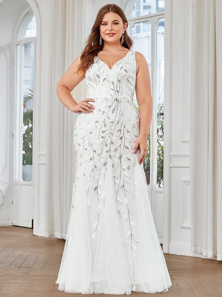Plus Size Double V-Neck Fishtail Sequin Formal Maxi Evening Dress #color_White 