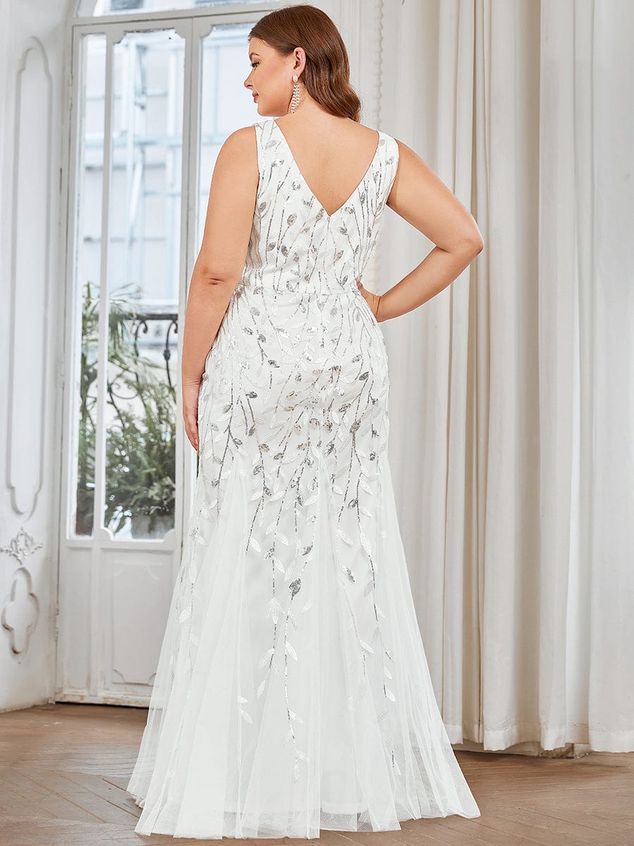 Plus Size Double V-Neck Fishtail Sequin Formal Maxi Evening Dress #color_White 