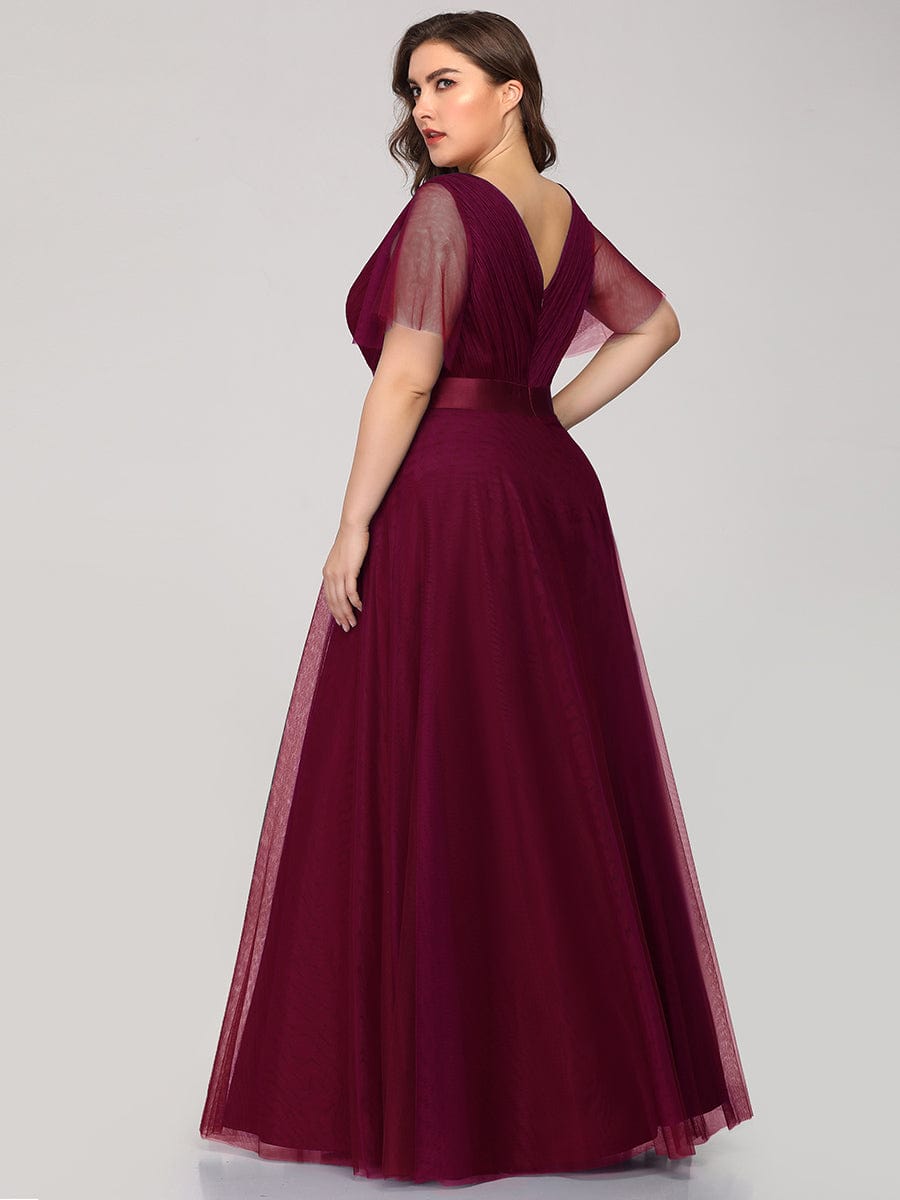 Custom Size Double V-Neck Floor-Length Short Sleeve Tulle Bridesmaid Dresses #color_Burgundy