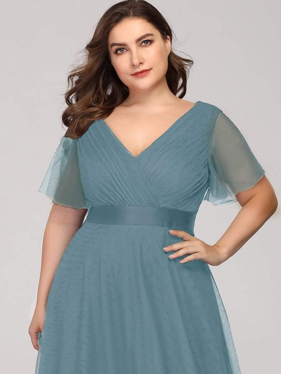 Women's Floor-Length Plus Size Formal Bridesmaid Dress with Short Sleeve #color_Light Teal