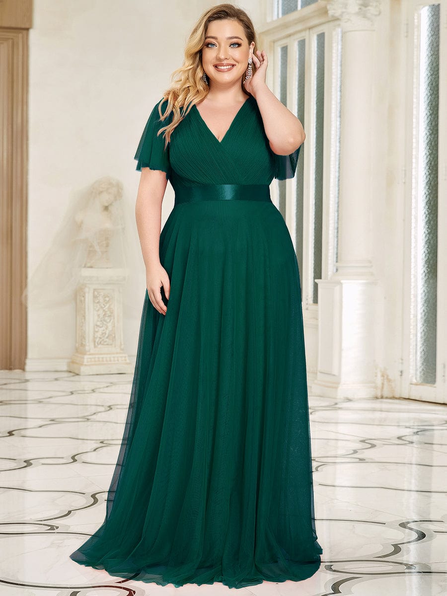 Custom Size Double V-Neck Floor-Length Short Sleeve Tulle Bridesmaid Dresses #color_Dark Green