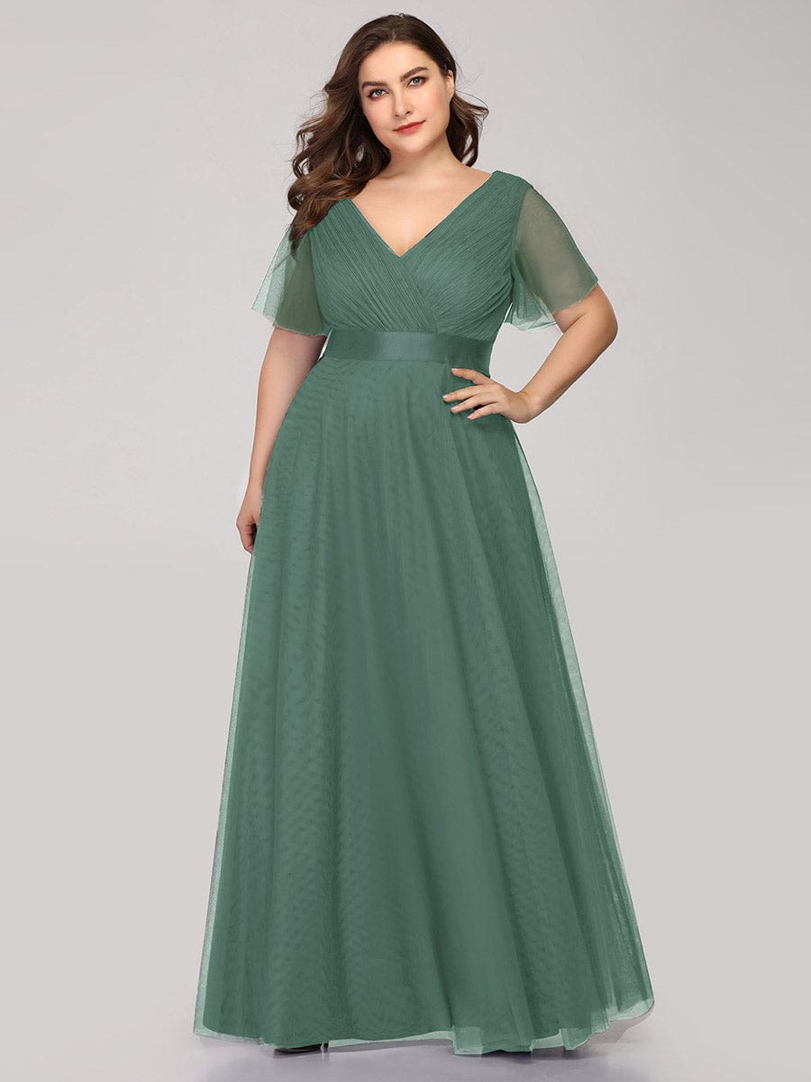 Custom Size Double V-Neck Floor-Length Short Sleeve Tulle Bridesmaid Dresses #color_Green Bean