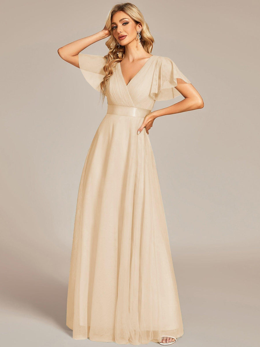 Custom Size Double V-Neck Floor-Length Short Sleeve Tulle Bridesmaid Dresses #color_Gold