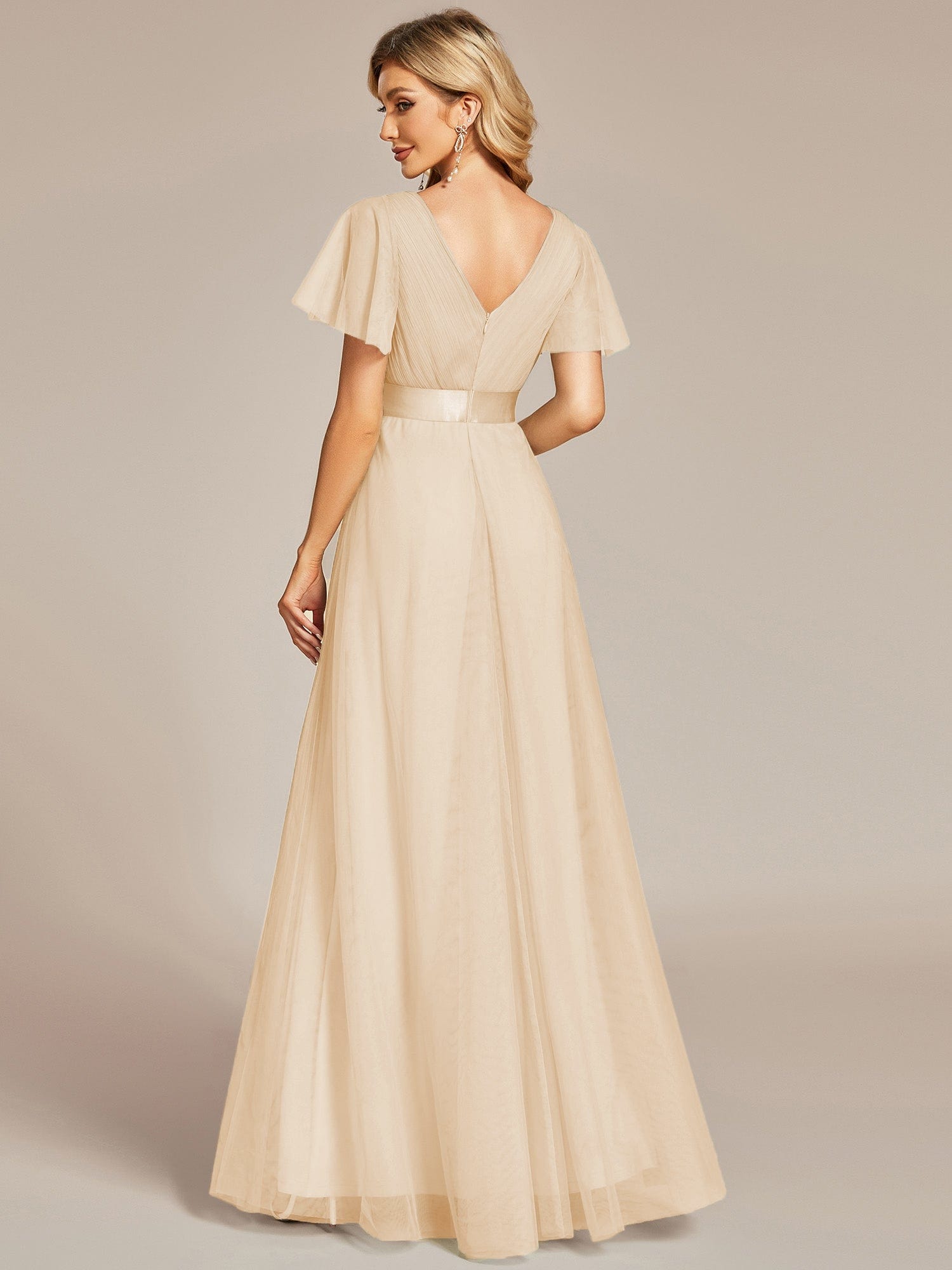 Custom Size Double V-Neck Floor-Length Short Sleeve Tulle Bridesmaid Dresses #color_Gold