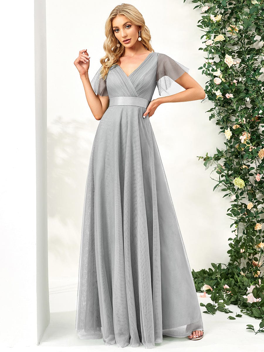 V-Neck Floor-Length Short Sleeve Tulle Bridesmaid Dresses #color_Grey