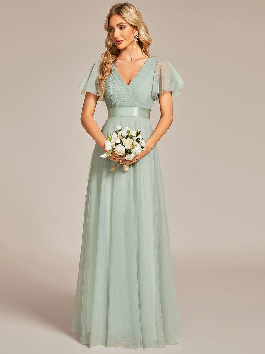 Double V-Neck Floor-Length Short Sleeve Tulle Bridesmaid Dresses #color_Mint Green