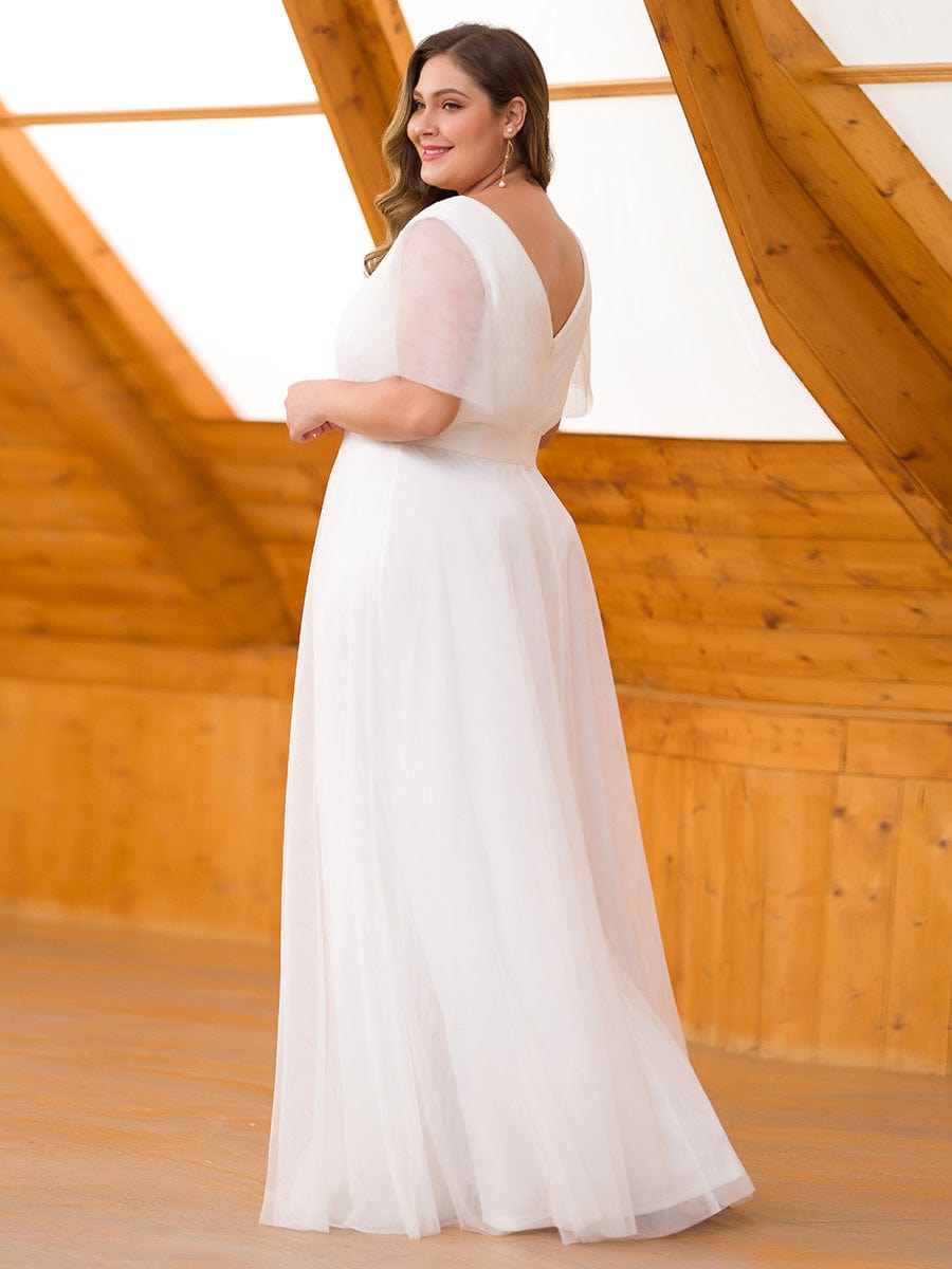 Custom Size Double V-Neck Floor-Length Short Sleeve Tulle Bridesmaid Dresses #color_White