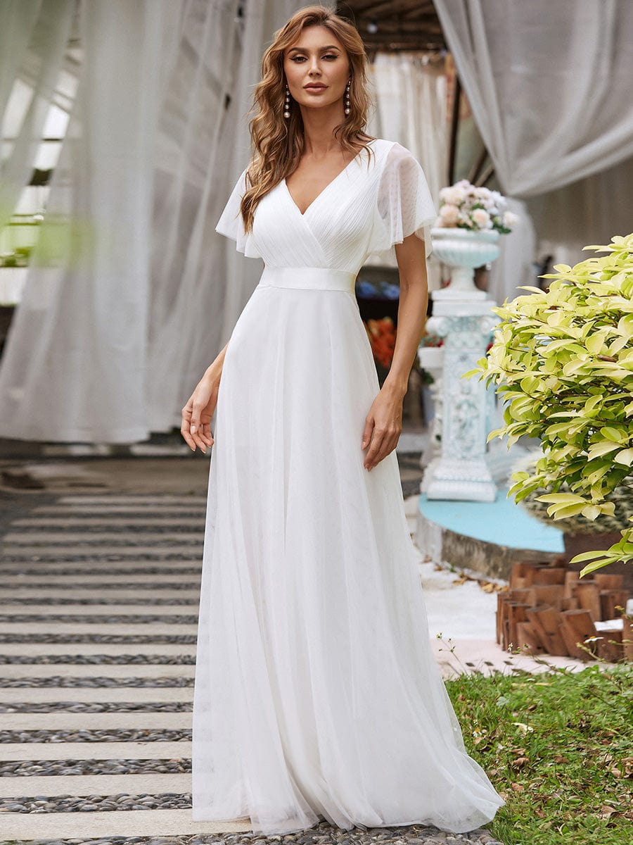 Custom Size Double V-Neck Floor-Length Short Sleeve Tulle Wedding Dresses #color_White