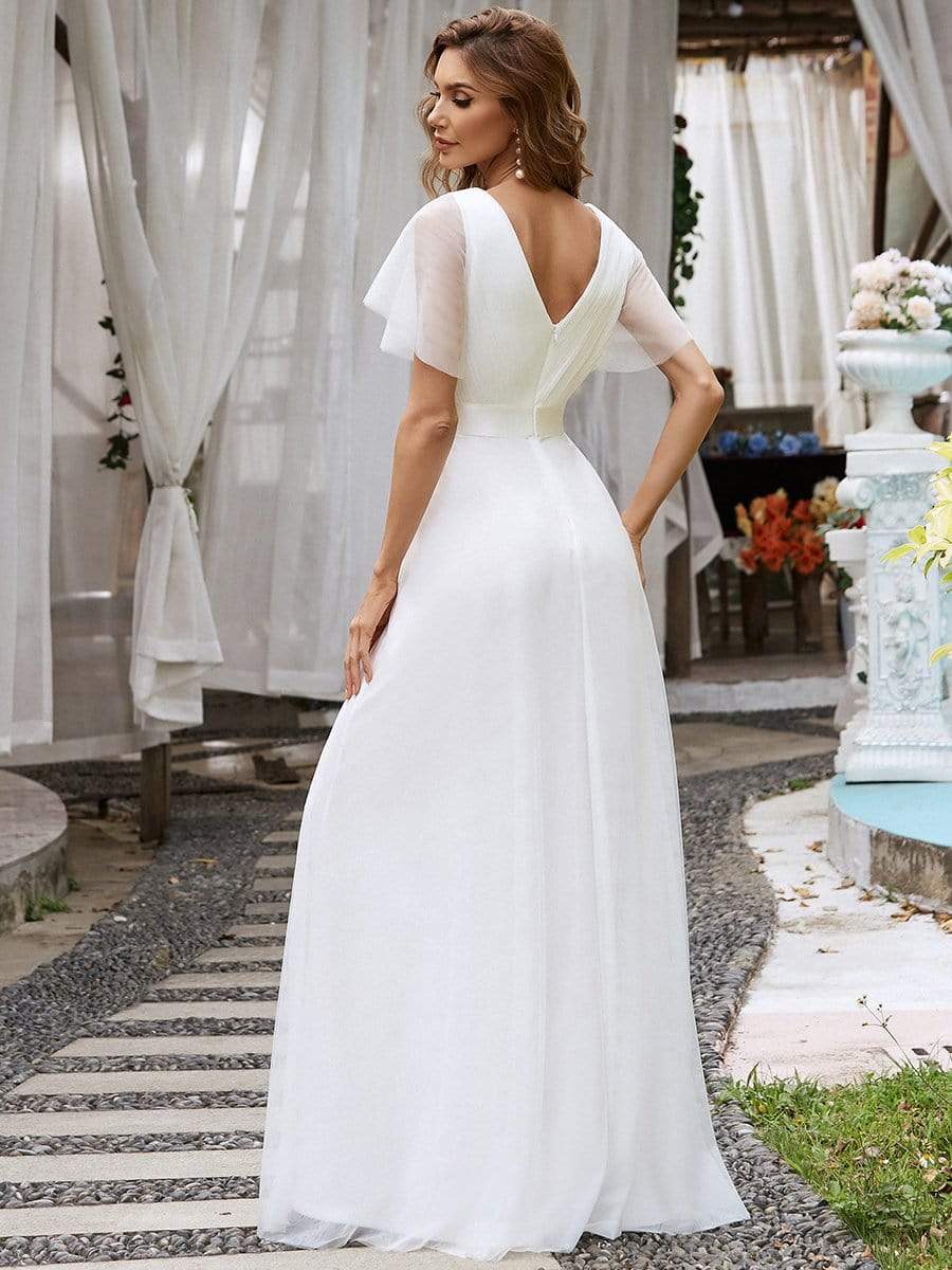 Double V-Neck Floor-Length Short Sleeve Tulle Bridesmaid Dresses #color_White 
