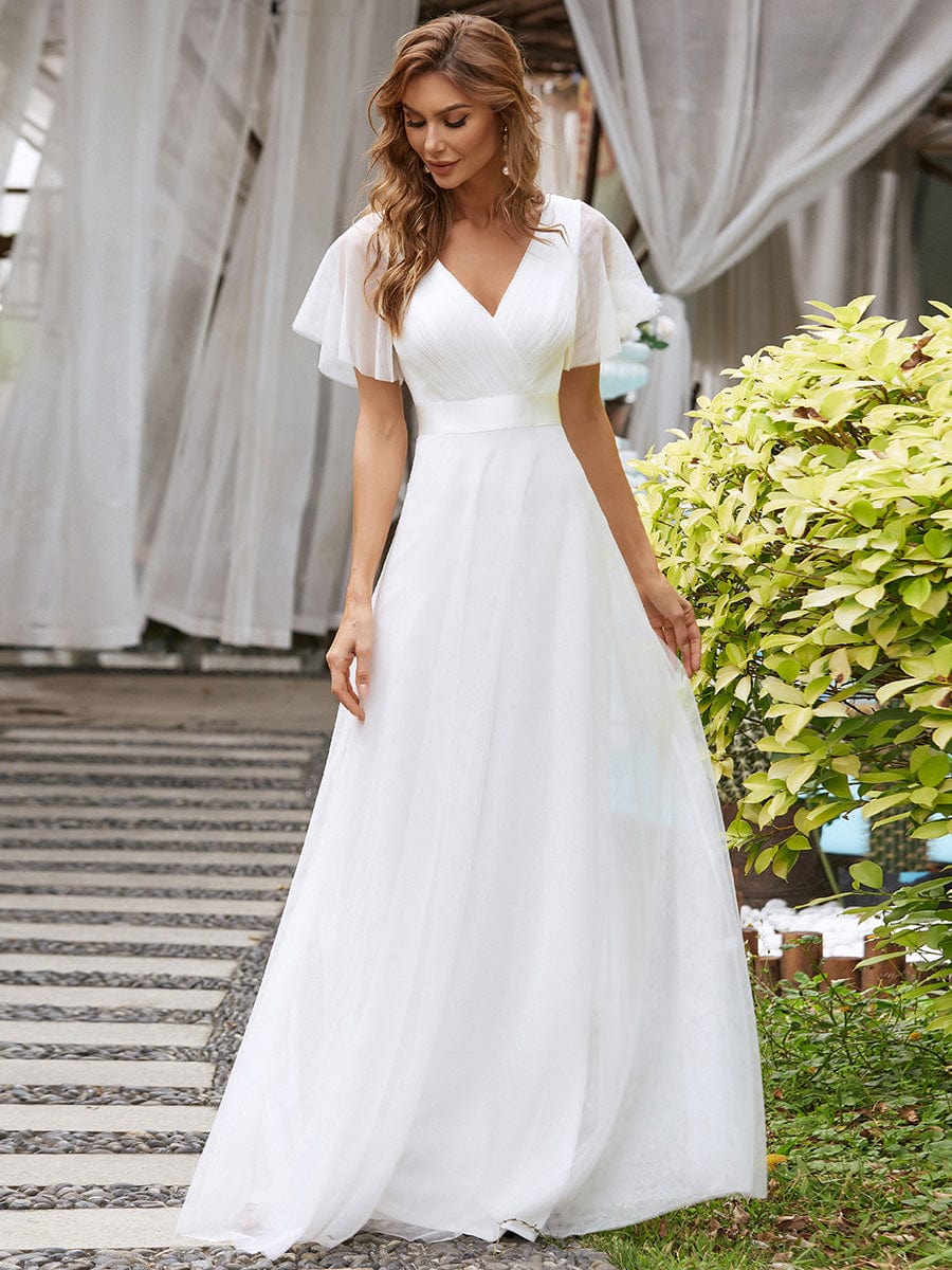 Custom Size Double V-Neck Floor-Length Short Sleeve Tulle Wedding Dress