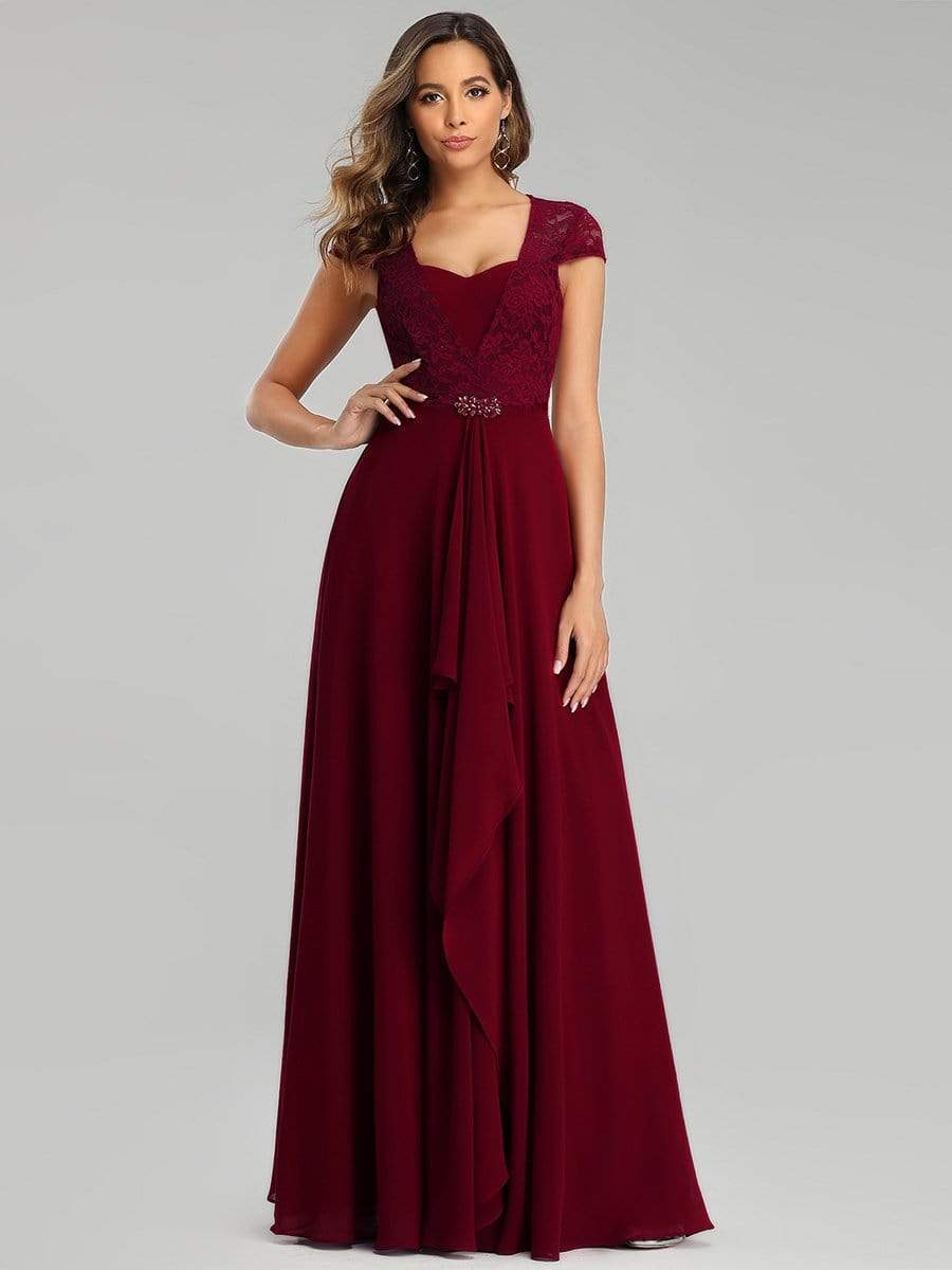 Sweetheart Floral Lace Cap Sleeve Wedding Guest Dress #color_Burgundy 