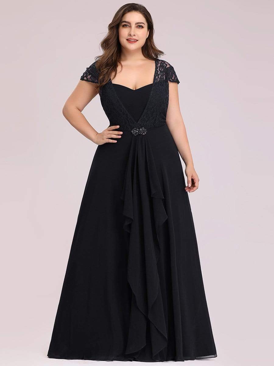 Plus Size Cap Sleeve Maxi Evening Dress for Wedding Guest #color_Black 