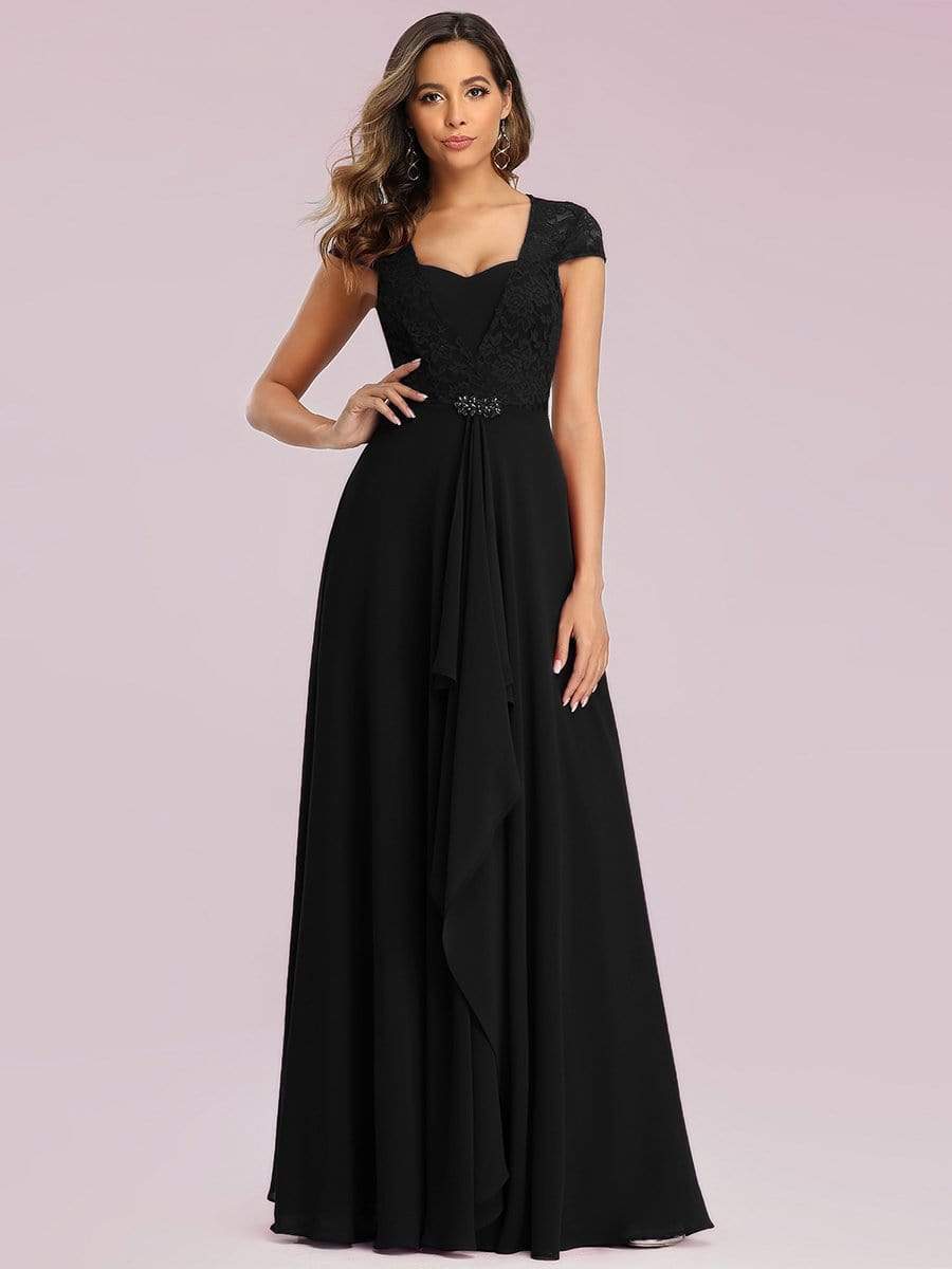 Sweetheart Floral Lace Cap Sleeve Wedding Guest Dress #color_Black 