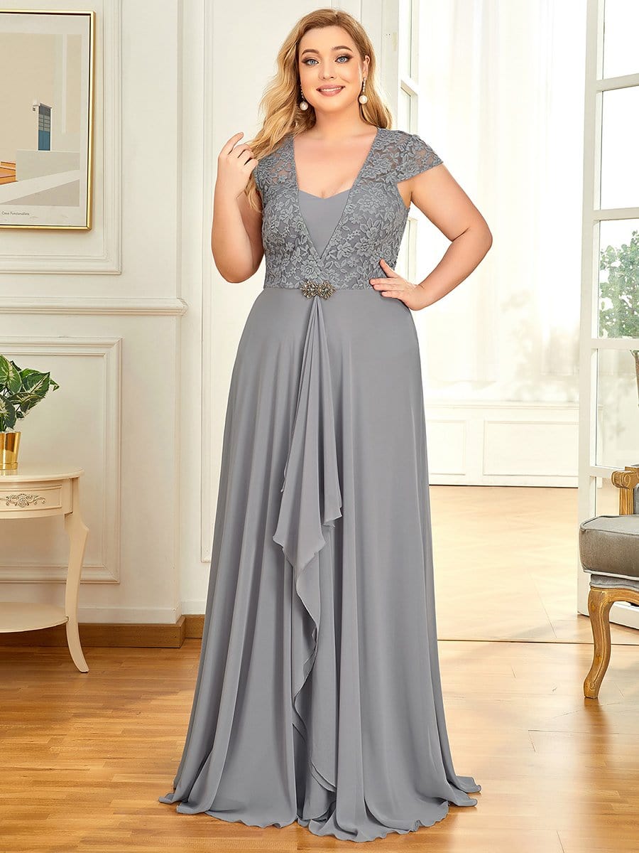 Plus Size Cap Sleeve Maxi Evening Dress for Wedding Guest #color_Grey 