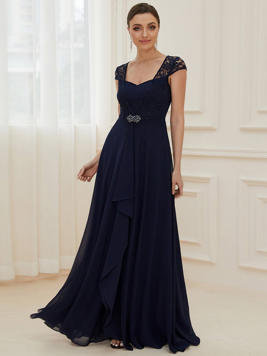 Sweetheart Floral Lace Cap Sleeve Wedding Guest Dress #color_Navy Blue 