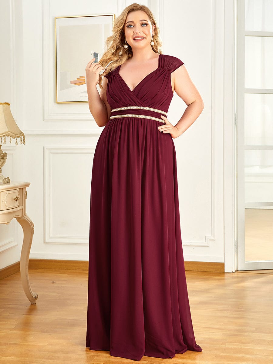 Custom Size V-Neck Sleeveless Beaded Belt Chiffon A-Line Evening Dress #color_Burgundy