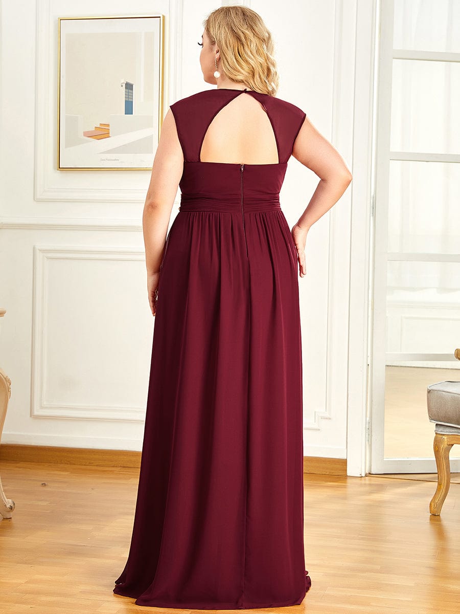 Custom Size V-Neck Sleeveless Beaded Belt Chiffon A-Line Evening Dress #color_Burgundy