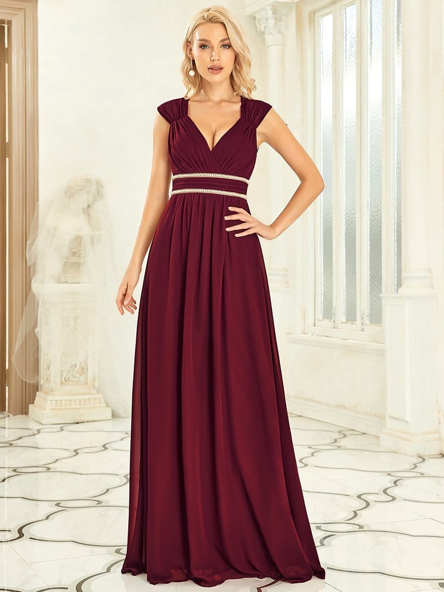 V-Neck Sleeveless Beaded Belt Chiffon A-Line Evening Dress #color_Burgundy 
