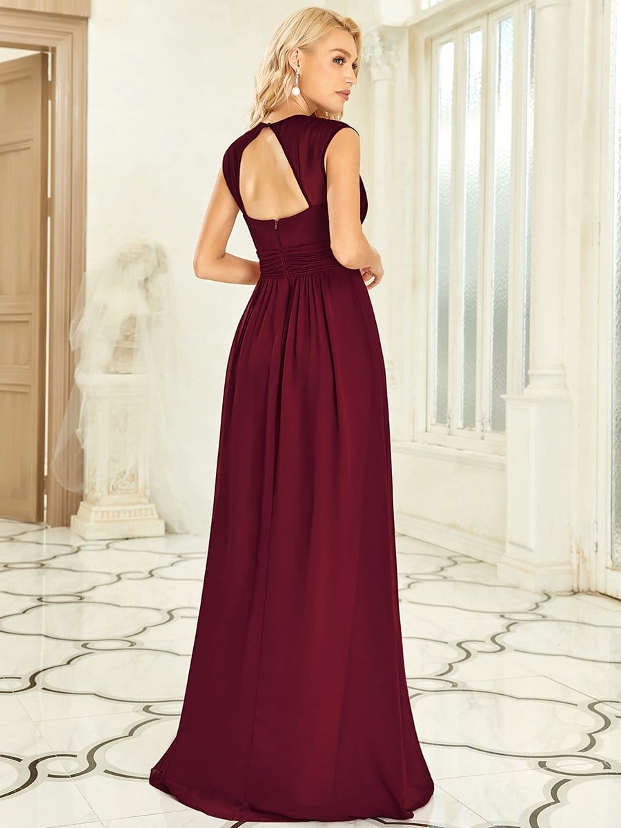 V-Neck Sleeveless Beaded Belt Chiffon A-Line Evening Dress #color_Burgundy 