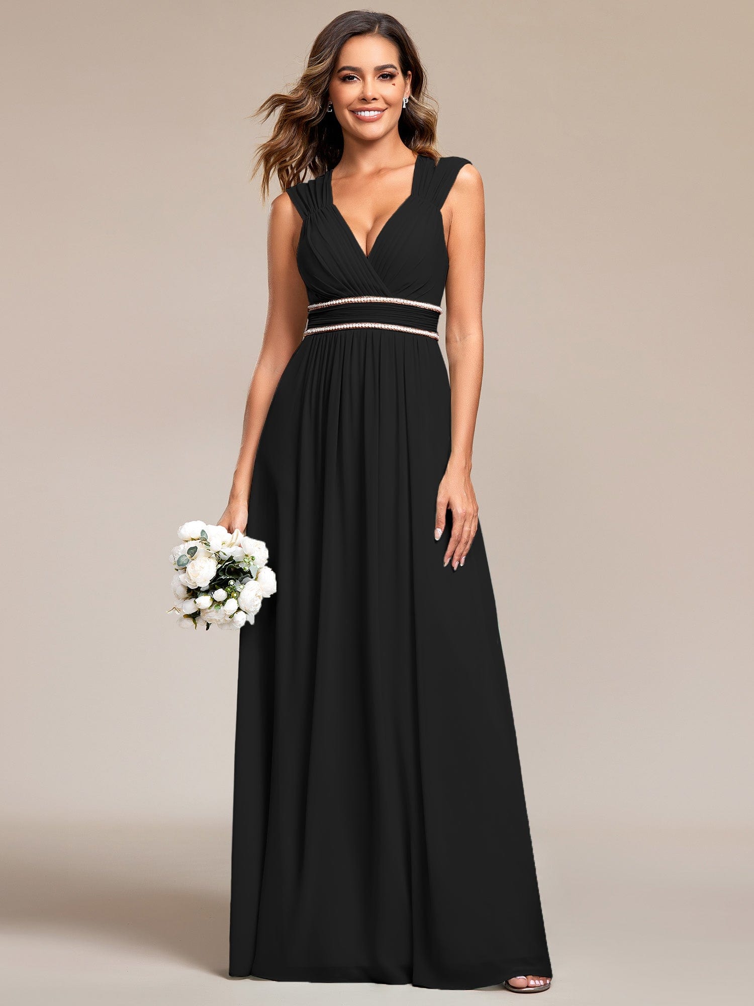 Custom Size V-Neck Sleeveless Beaded Belt Chiffon A-Line Evening Dress #color_Black