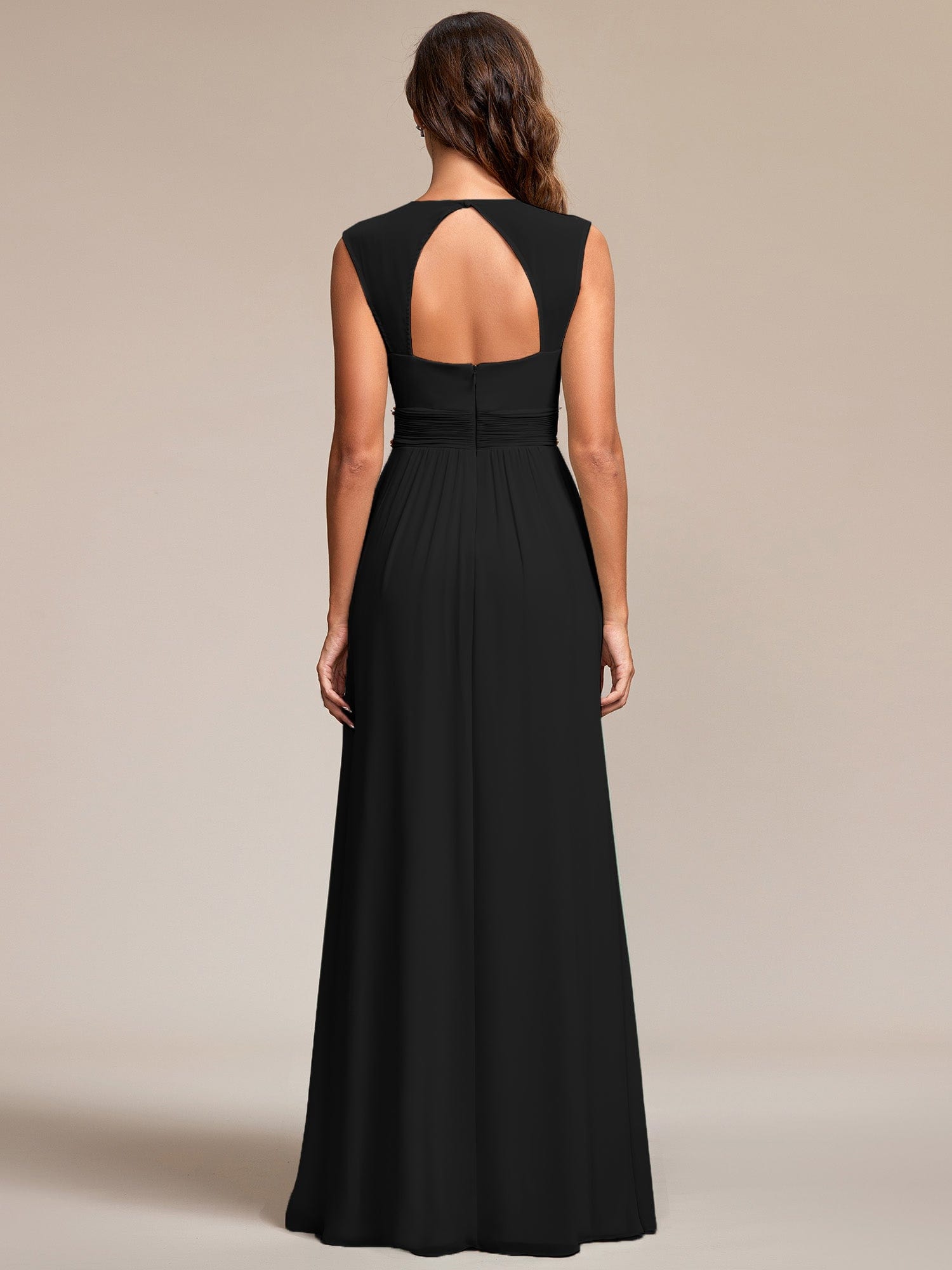 Custom Size V-Neck Sleeveless Beaded Belt Chiffon A-Line Evening Dress #color_Black