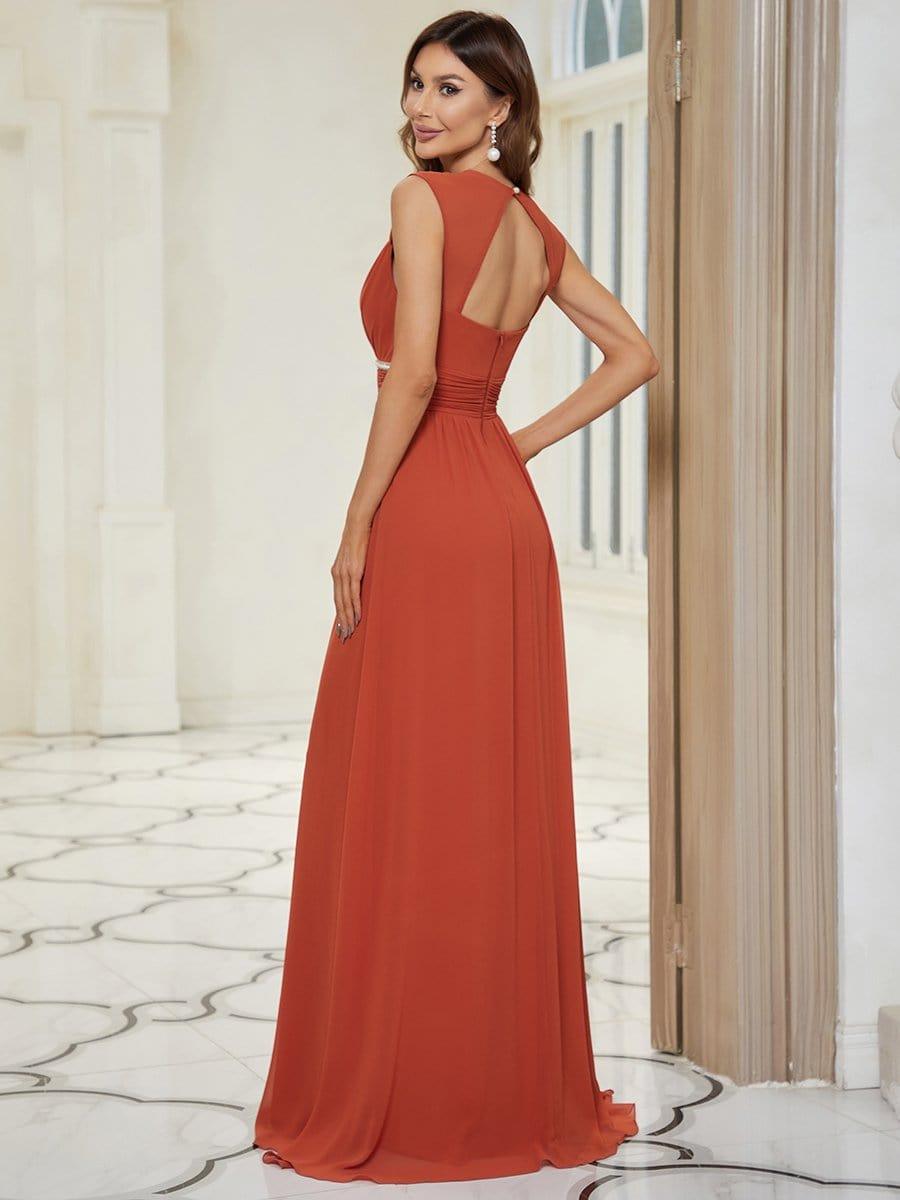 V-Neck Sleeveless Beaded Belt Chiffon A-Line Evening Dress #color_Burnt Orange 