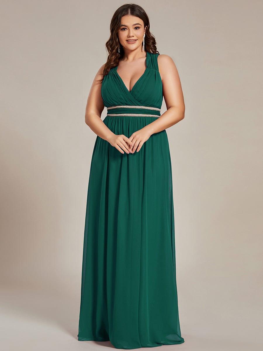 Custom Size V-Neck Sleeveless Beaded Belt Chiffon A-Line Evening Dress #color_Dark Green