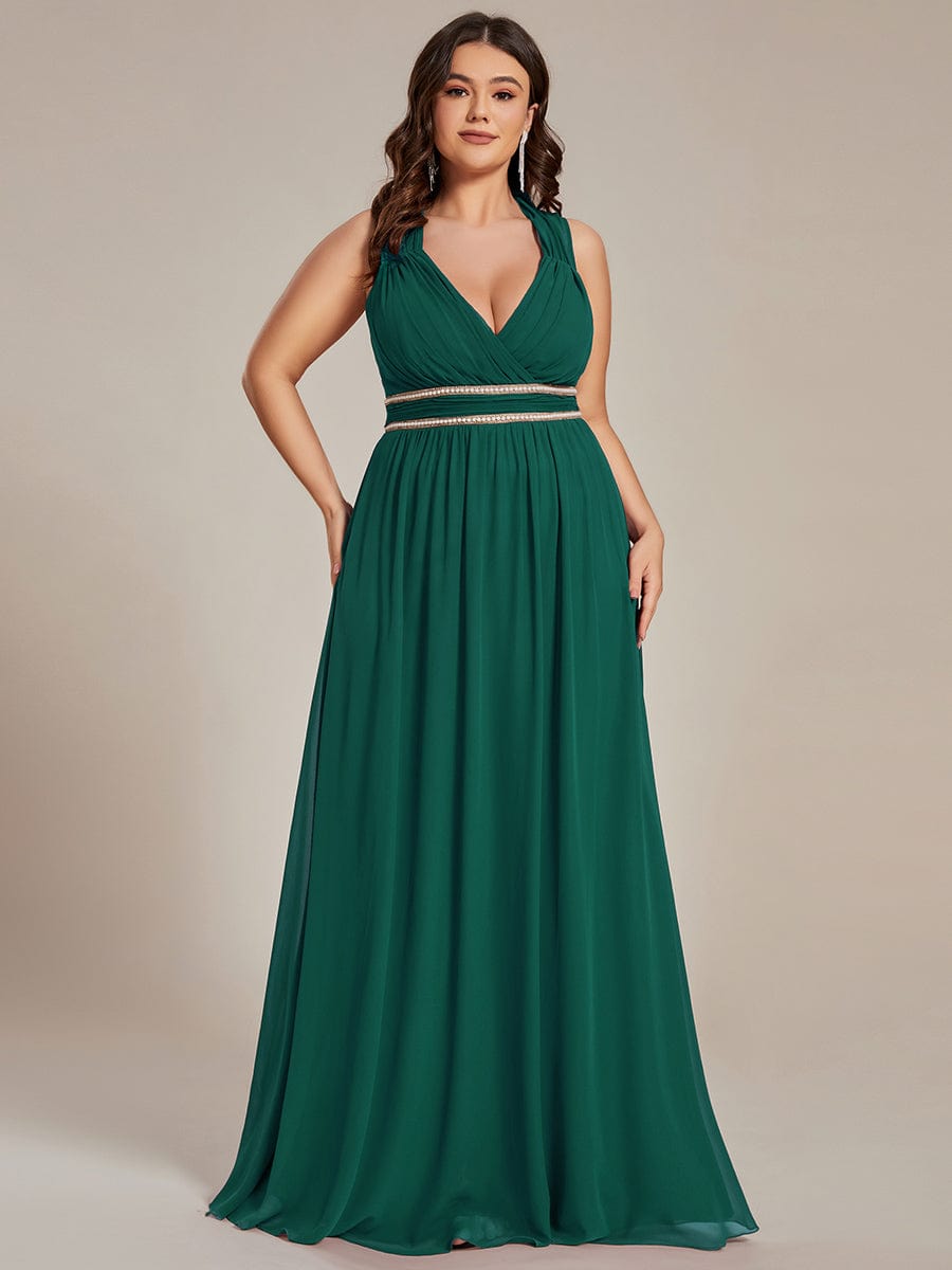Plus Size Sleeveless Beaded Belt Chiffon Formal Summer Dresses #color_Dark Green