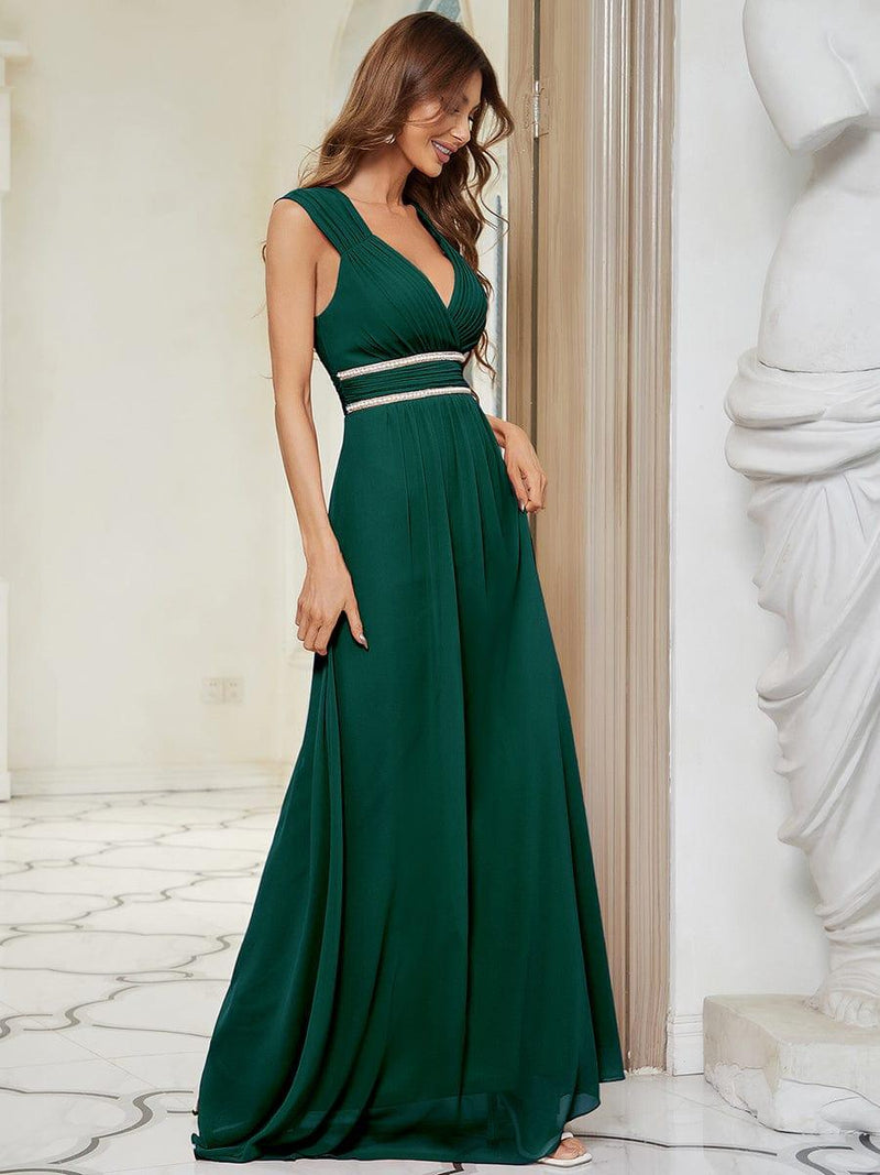 Pleated V-neck Chiffon A-Line Dress With Beading Dark Green