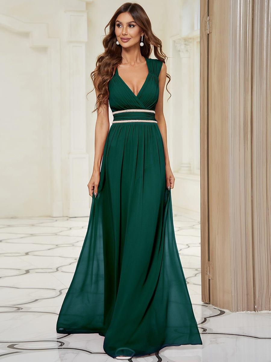 V-Neck Sleeveless Beaded Belt Chiffon A-Line Evening Dress rochii de domnisoara de onoare 2024