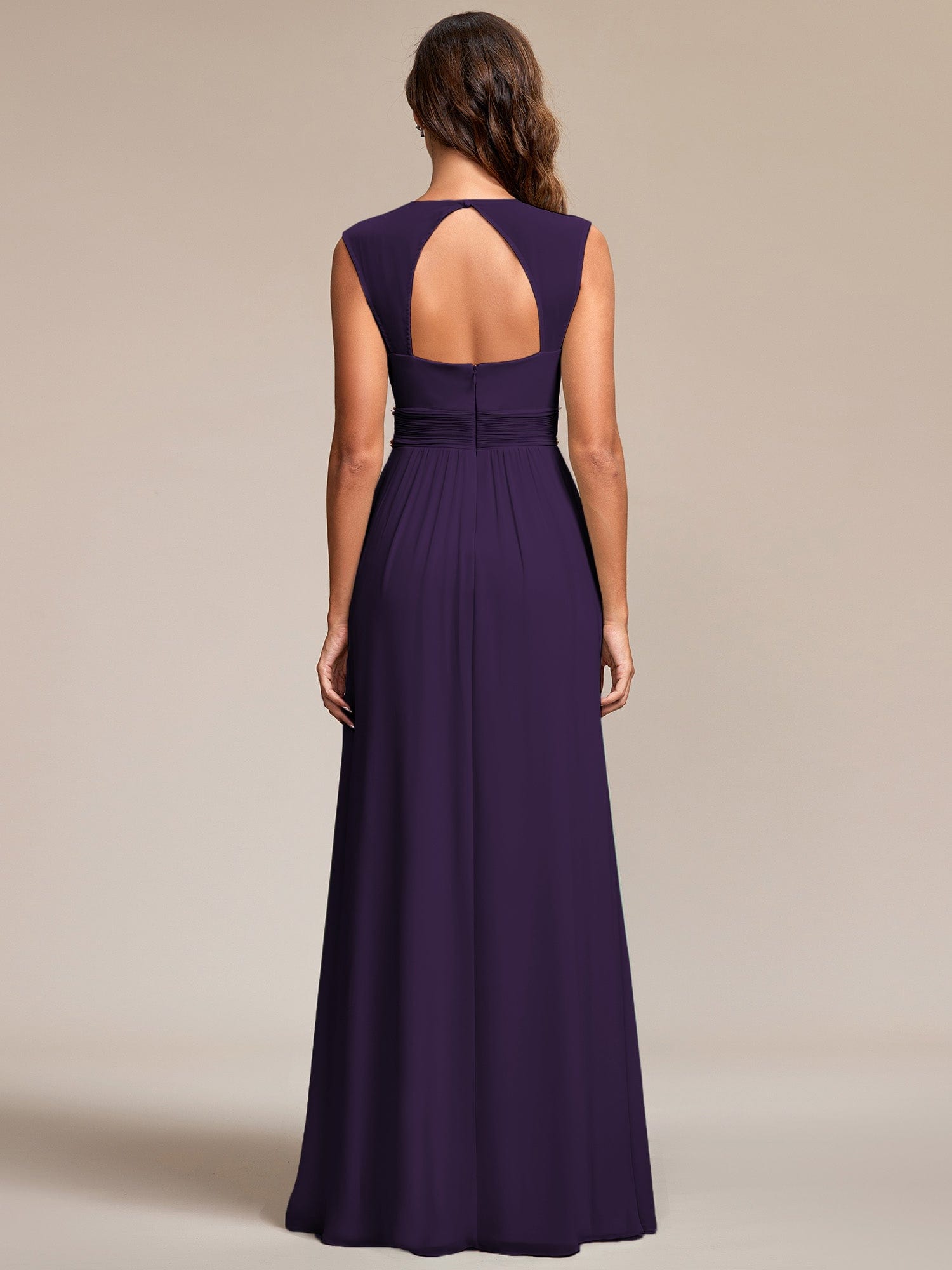 Custom Size V-Neck Sleeveless Beaded Belt Chiffon A-Line Evening Dress