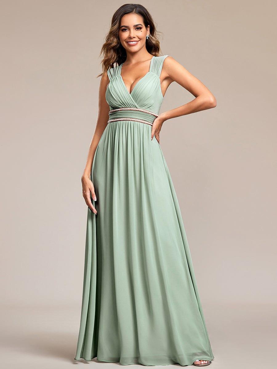 V-Neck Sleeveless Beaded Belt Chiffon A-Line Evening Dress #color_Mint Green