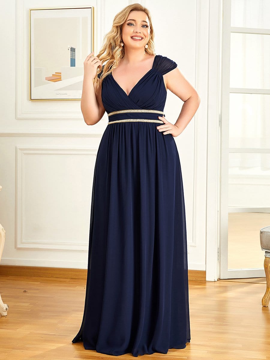 Custom Size V-Neck Sleeveless Beaded Belt Chiffon A-Line Evening Dress #color_Navy Blue