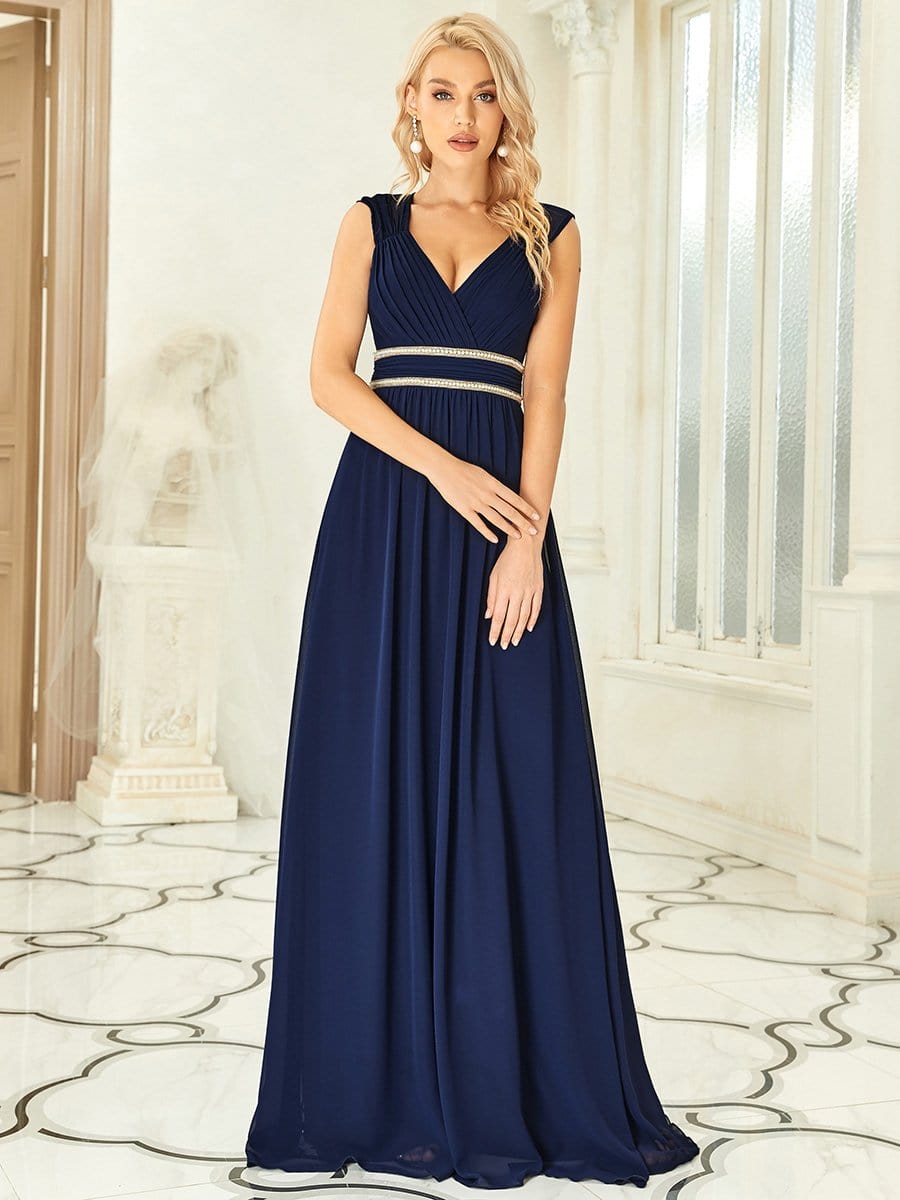 V-Neck Sleeveless Beaded Belt Chiffon A-Line Evening Dress #color_Navy Blue 