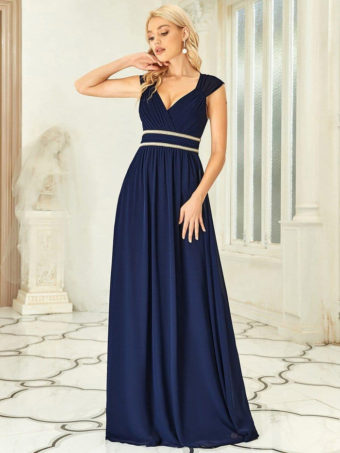 Elegant V Neck Shiny Chiffon Evening Dress A line Sheer Long Sleeve Wedding Party Dress Bridesmaid main image 0