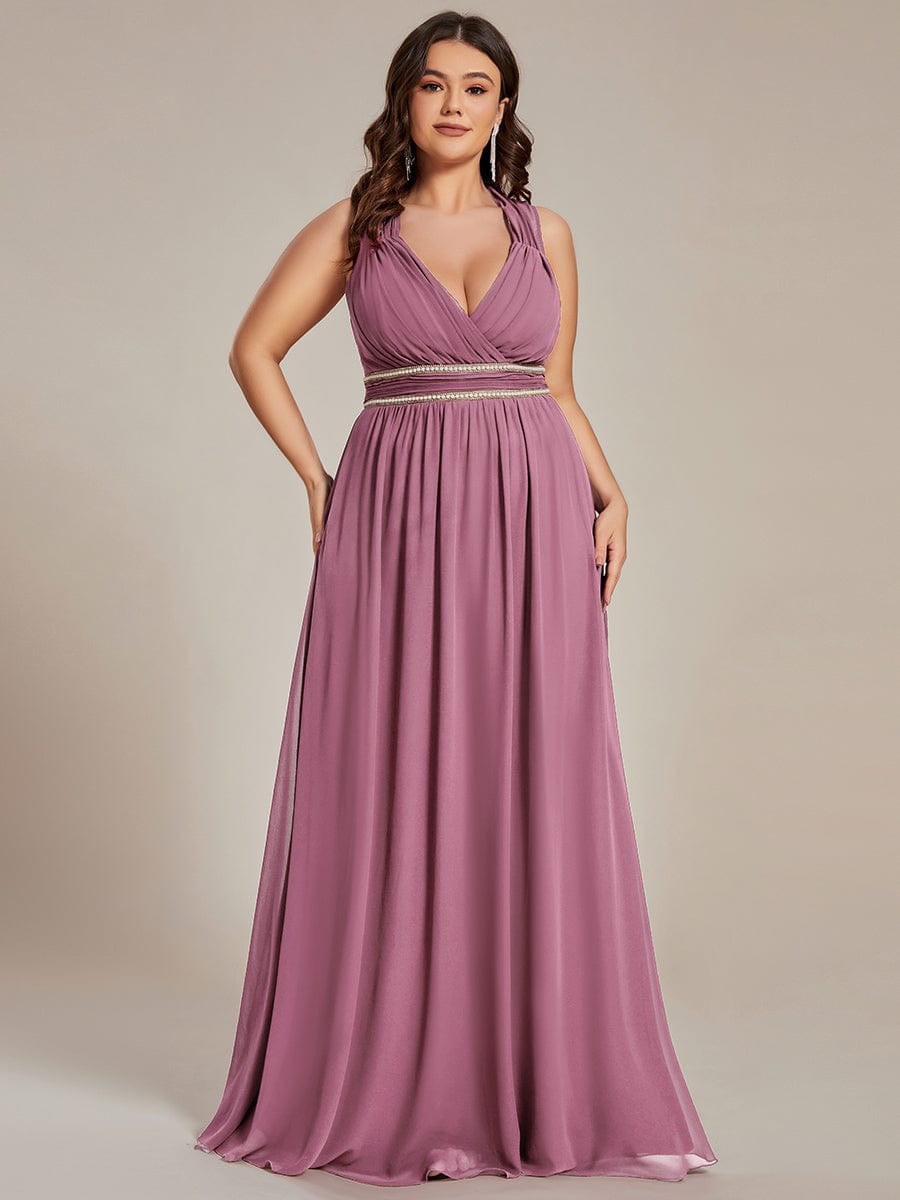 Custom Size V-Neck Sleeveless Beaded Belt Chiffon A-Line Evening Dress #color_Purple Orchid