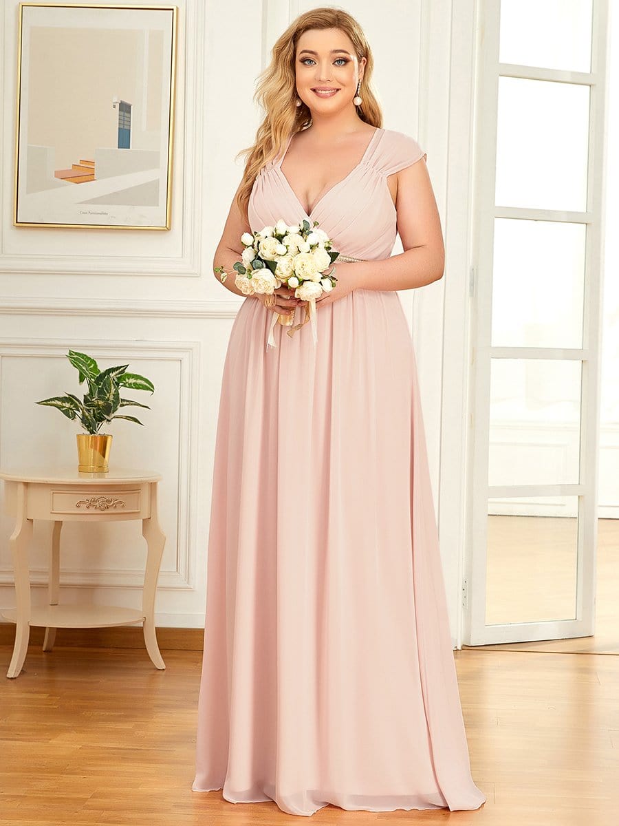 Custom Size V-Neck Sleeveless Beaded Belt Chiffon A-Line Evening Dress #color_Pink