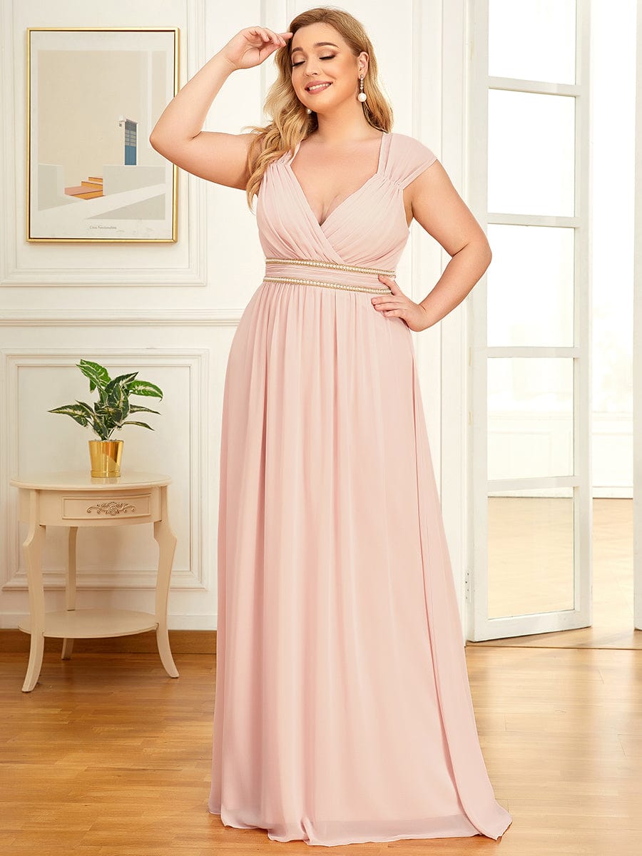 Custom Size V-Neck Sleeveless Beaded Belt Chiffon A-Line Evening Dress #color_Pink
