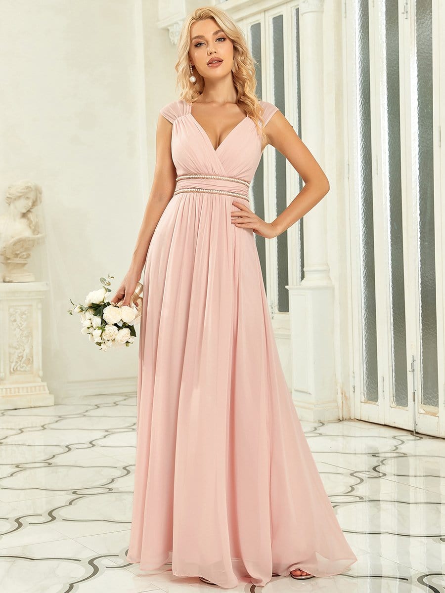 V-Neck Sleeveless Beaded Belt Chiffon A-Line Evening Dress #color_Pink 